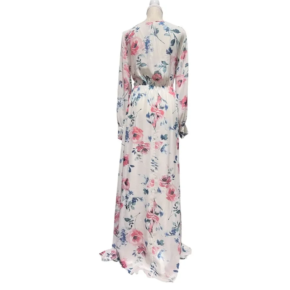 RICARICA Ivory Pink Blue Floral Maxi Dress Medium Boho Romantic Tie Waist Lined - Picture 3 of 8